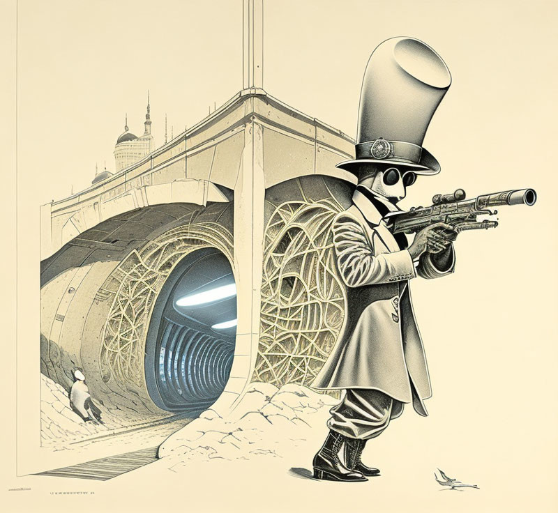 Surreal illustration of figure with top hat using telescope as rifle, watching penguin in tunnel with