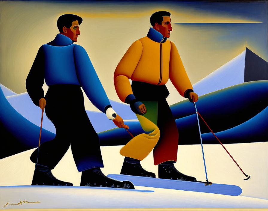 Colorful Stylized Figures Skiing on Snow-Covered Hills