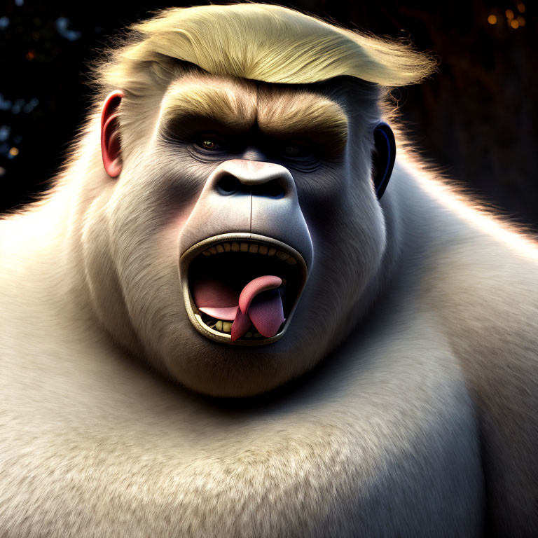 Close-up 3D animated gorilla with contemplative expression and blonde fur