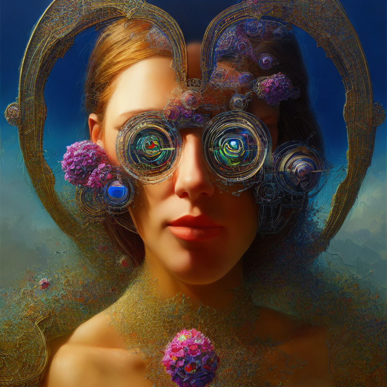 Surreal portrait of a woman with ornate circular glasses and vibrant flowers on soft blue background