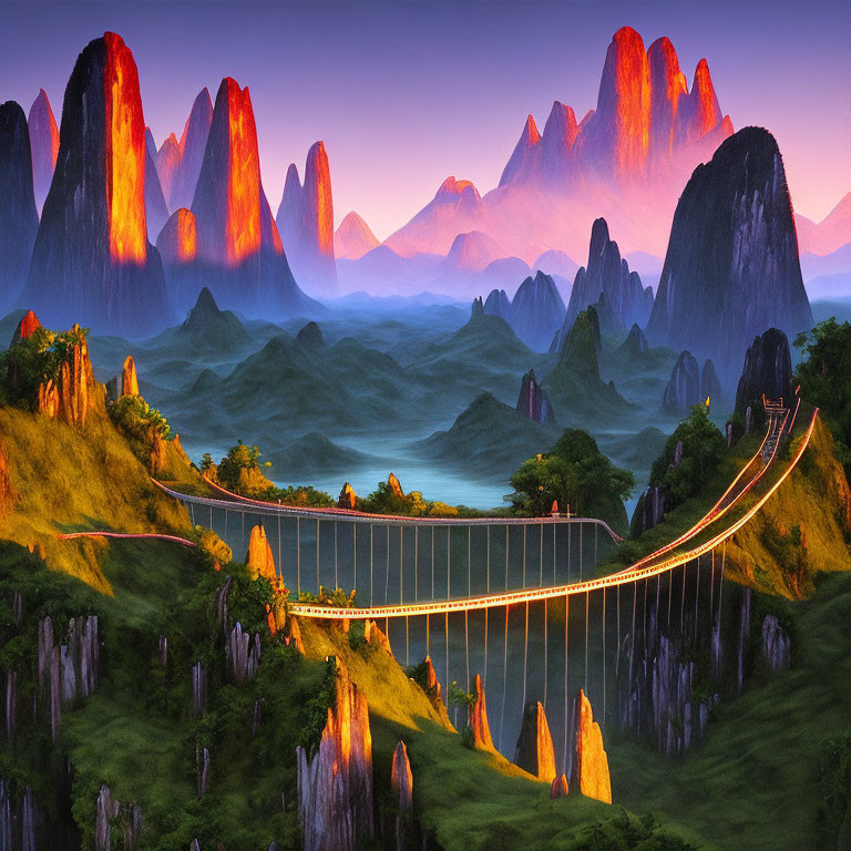 Fantastical landscape with suspension bridge and mountains at sunrise