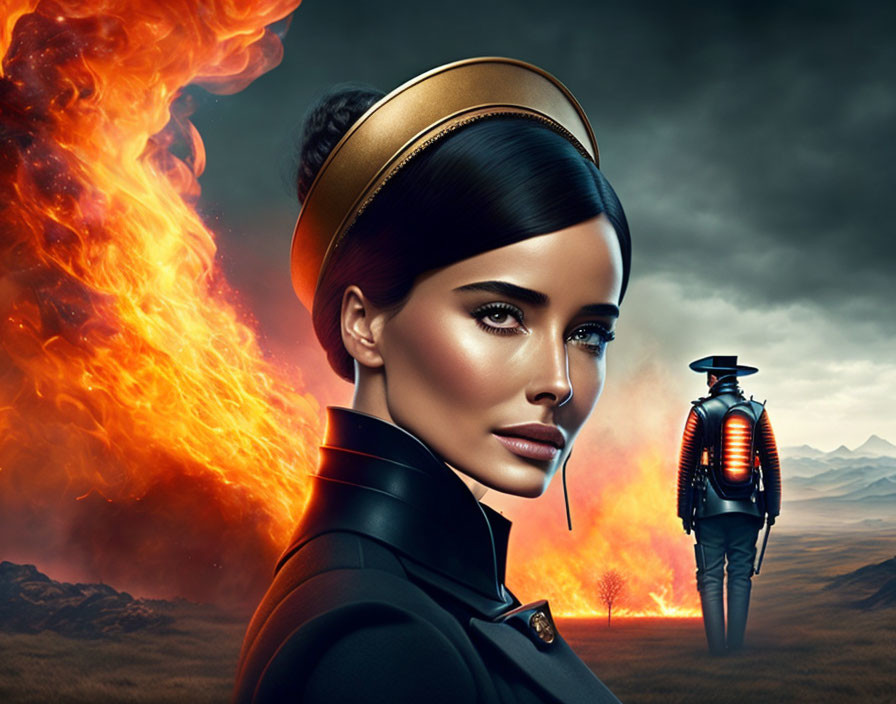 Sleek-haired woman with gold headpiece in fiery futuristic setting