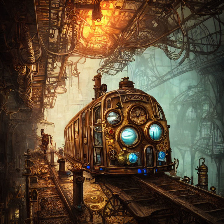 Steampunk train with glowing blue lights on intricate track amid warm lighting