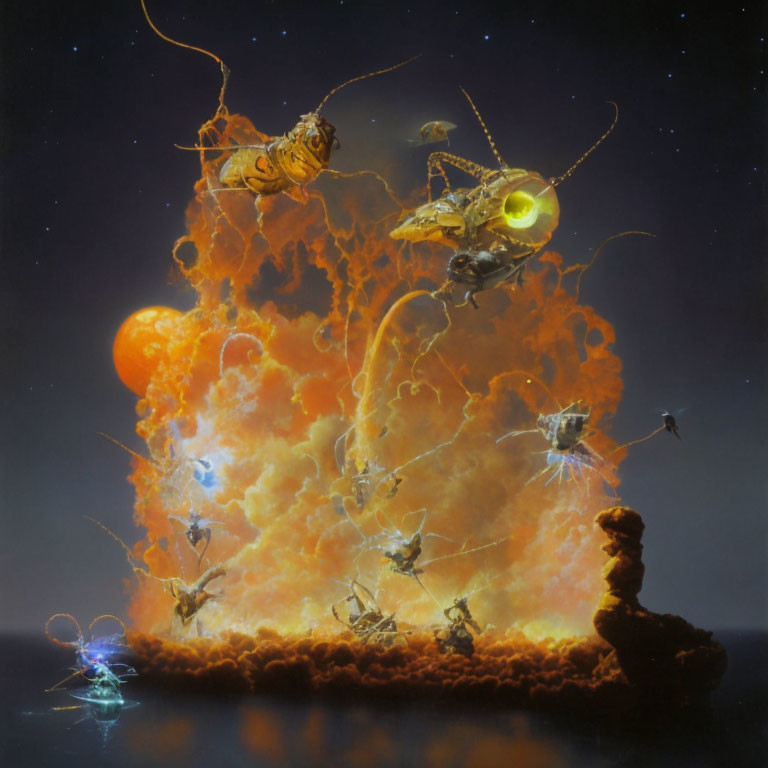 Surreal artwork: Mechanical insects, fiery explosion, twilight sky, orange celestial body