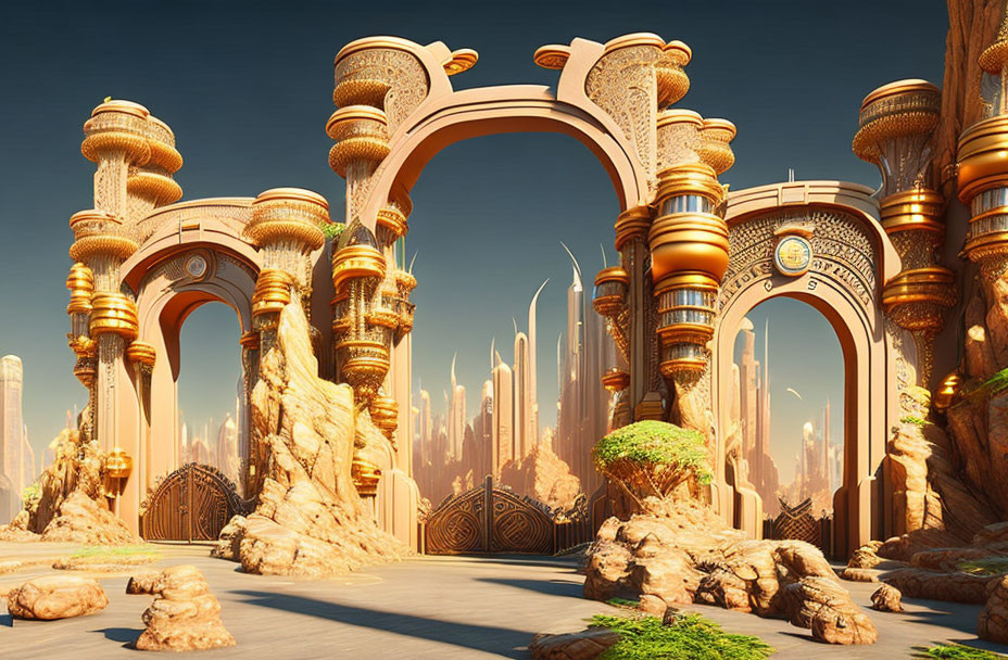 Futuristic cityscape with golden arches and towering spires