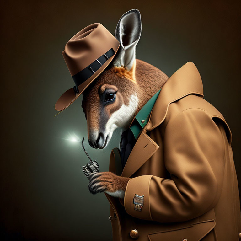 Kangaroo Detective in Hat and Trench Coat with Magnifying Glass