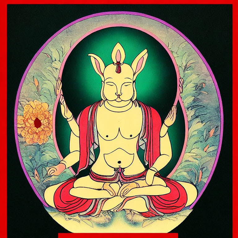 Meditative kangaroo-headed figure in red within oval frame on black background