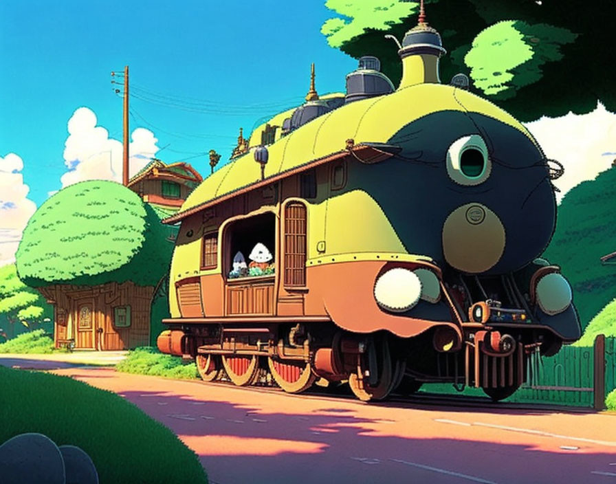 Animated steam train house with face in lush greenery.