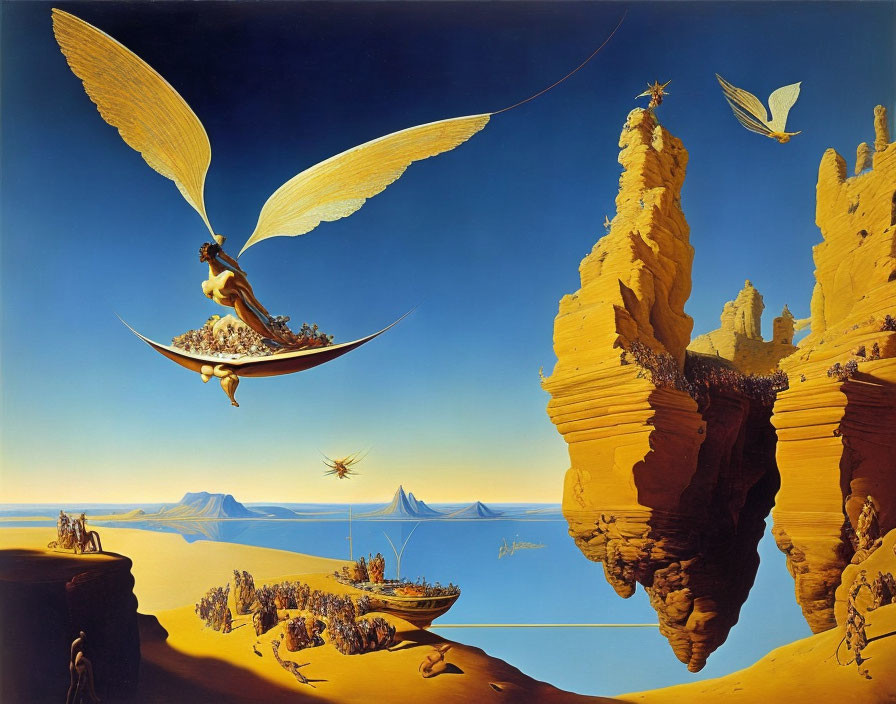 Surrealist painting: Angel-like figures, ship, desert cliffs