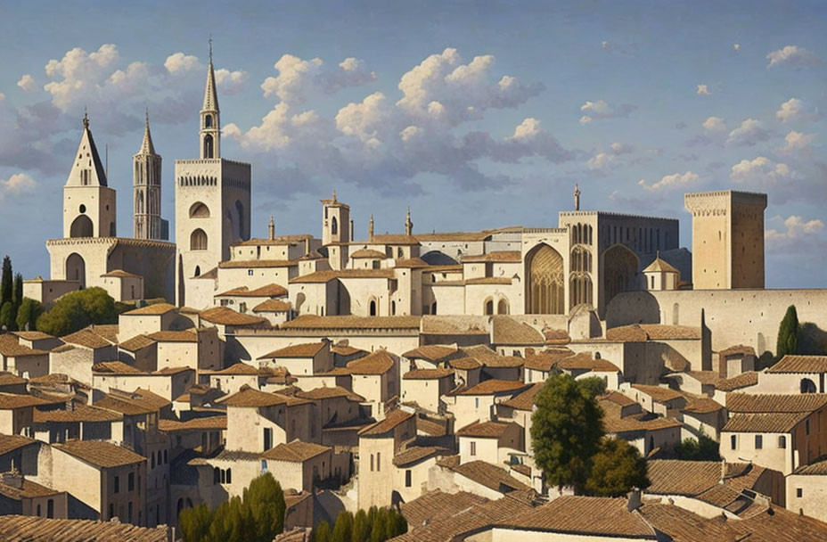 Historic town with terracotta-roofed buildings and medieval structures under cloudy sky