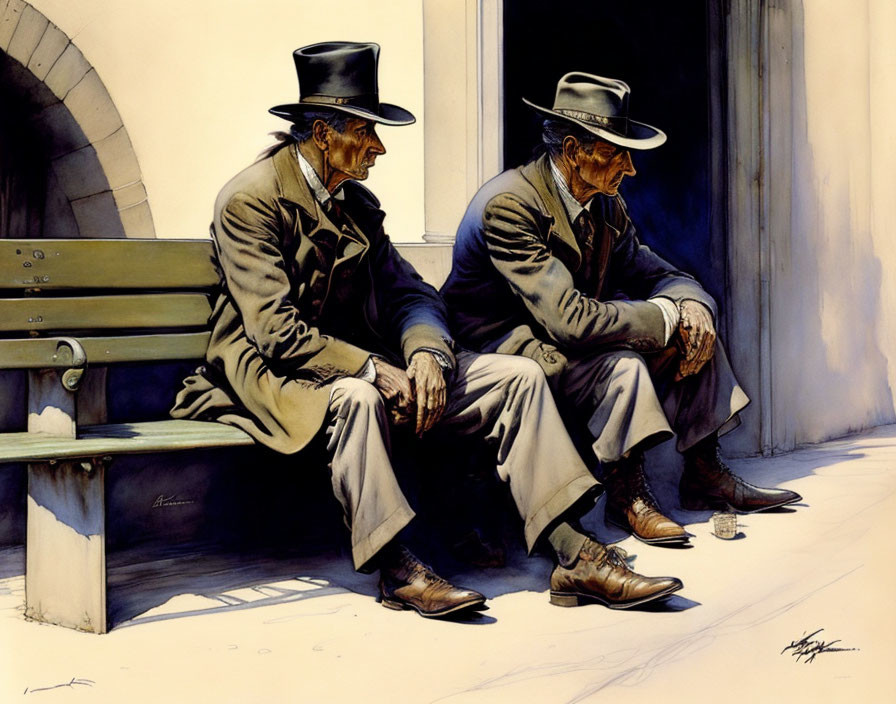 Elderly men in suits and hats on bench, lost in thought with sunlit wall.