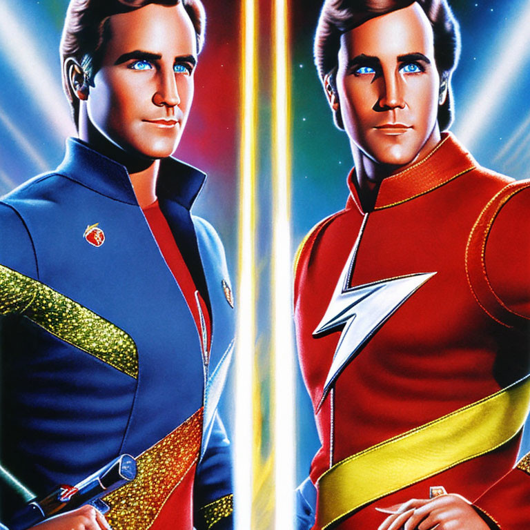 Animated superhero characters in blue and red suits back to back.