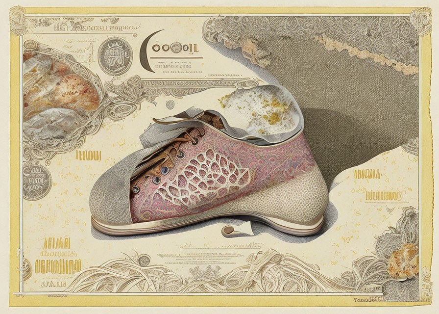 Vintage Lace-Up Shoe Illustration on Aged Paper with Printed Designs