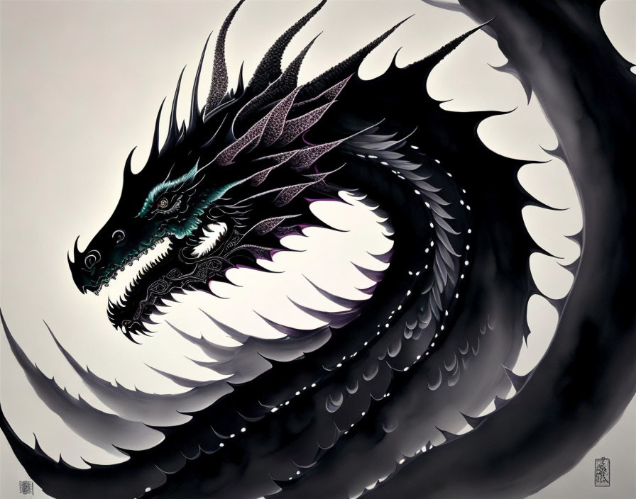 Majestic Black Dragon with White Underbelly Scales and Sharp Claws