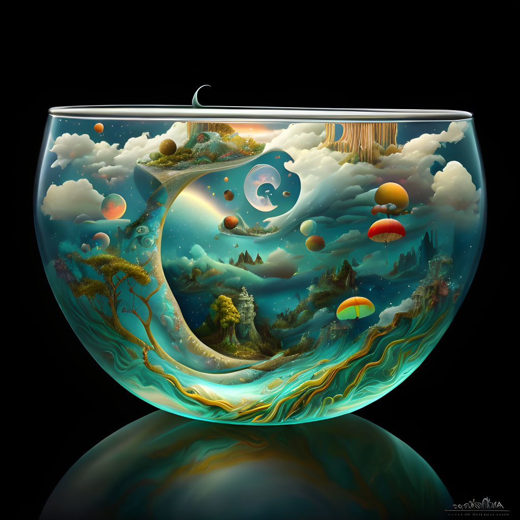 Surreal fishbowl illustration with whale, greenery, and floating islands