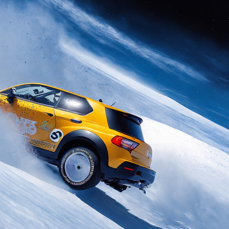 Yellow rally car number 5 drifting on snowy track