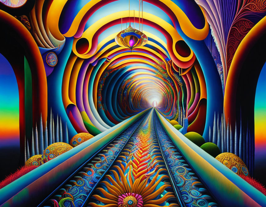 Colorful Psychedelic Tunnel with Central Lantern