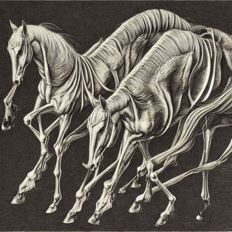 Detailed Illustration of Three Horses in Motion on Dark Background