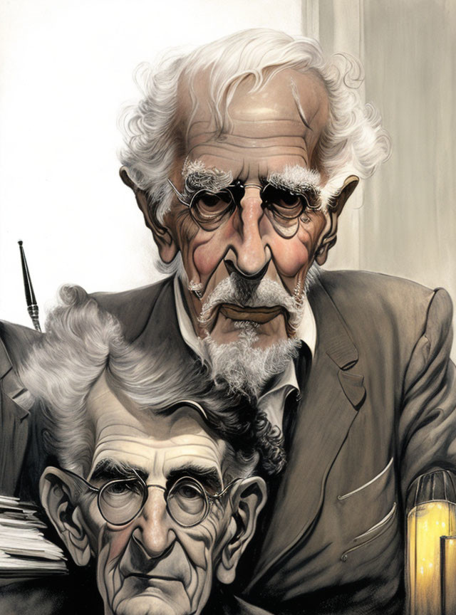 Two elder men illustration with white hair, one facing forward and the other looking to the side in suits