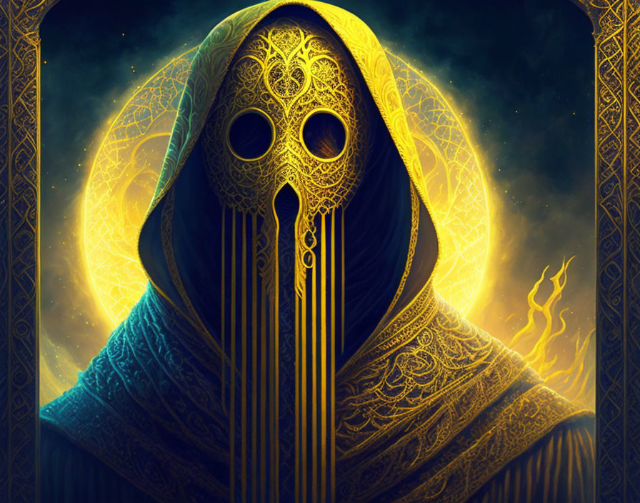 Hooded figure with golden patterns and glowing eyes symbolizes ancient magic