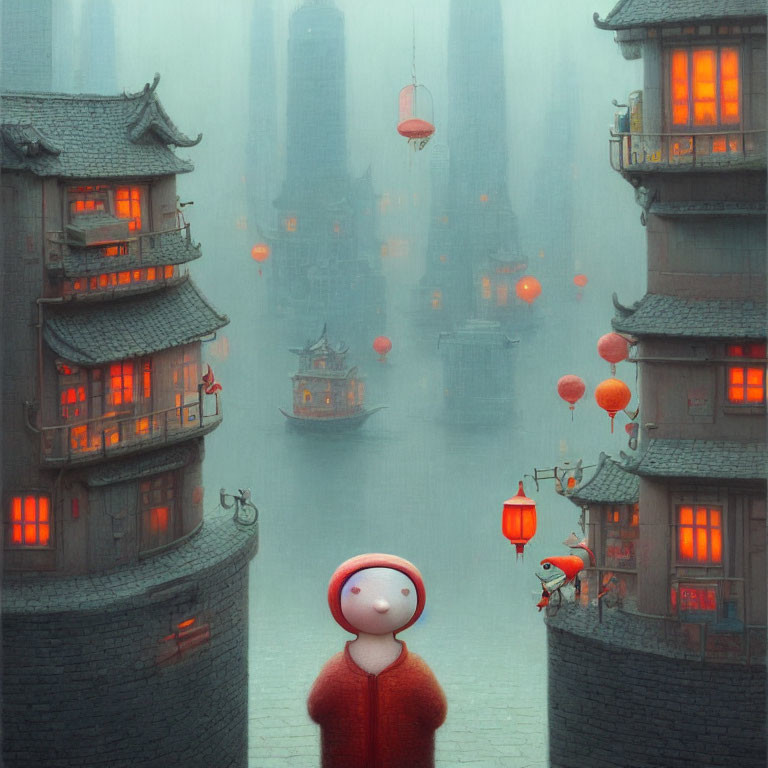 Person in Red Outfit Amidst Ancient Buildings and Red Lanterns in Foggy Atmosphere