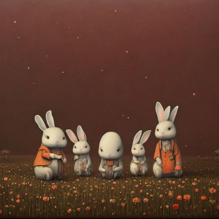 Anthropomorphic rabbits in coats amidst orange flowers at dusk