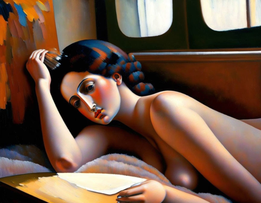 Surreal artwork of woman with stylized features leaning on table