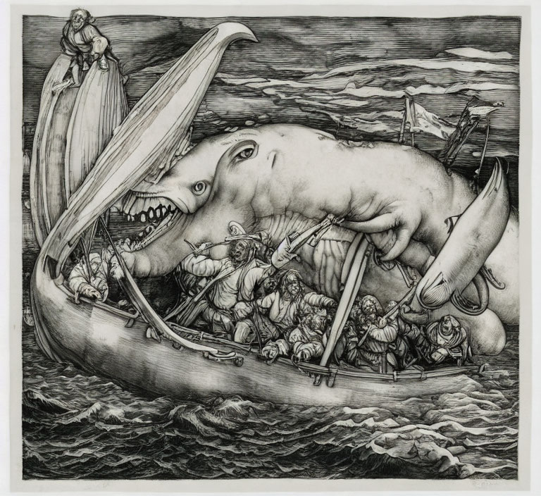 Detailed black and white illustration of giant whale creature carrying boat with people in rough seas