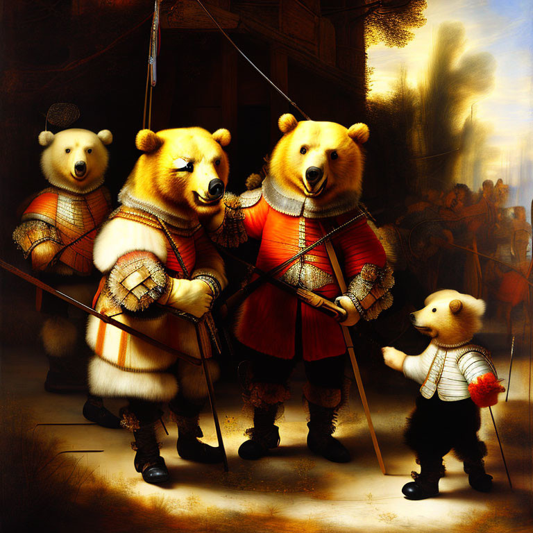 Renaissance musketeer-themed anthropomorphic bear characters with rapiers observed by spectators