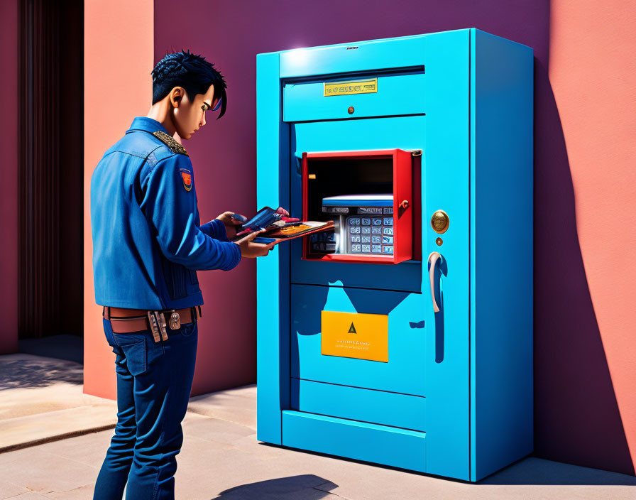 Animated character in blue uniform with clipboard at vibrant ATM machine