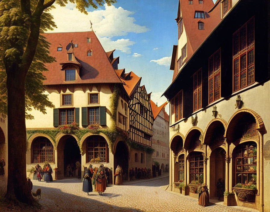 European Medieval Townscape: Sunny Day, Half-Timbered Buildings, Cobblestone Streets