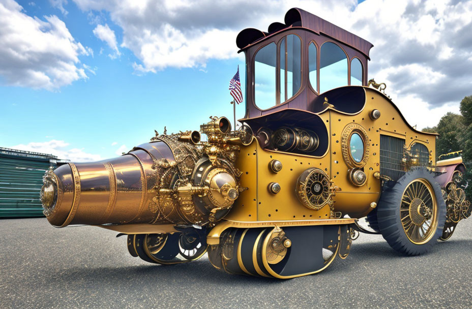 Steampunk-style train engine vehicle with American flag on road under cloudy sky