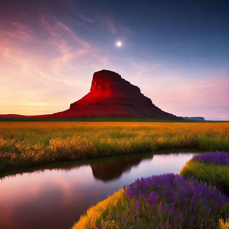 Majestic butte at twilight with full moon, meadow, wildflowers, and pond