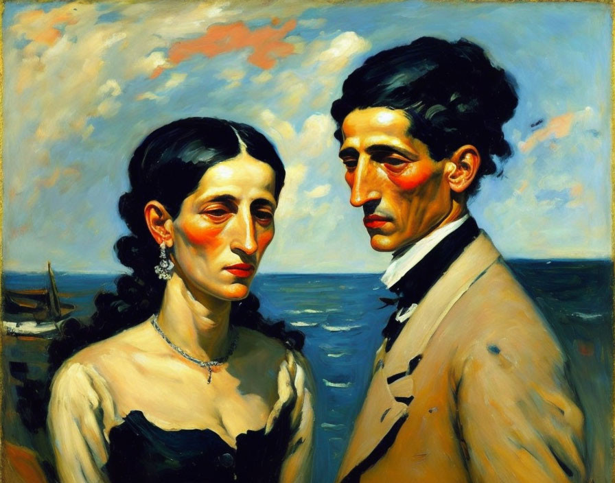 Solemn Couple Portrait Against Sea and Sky