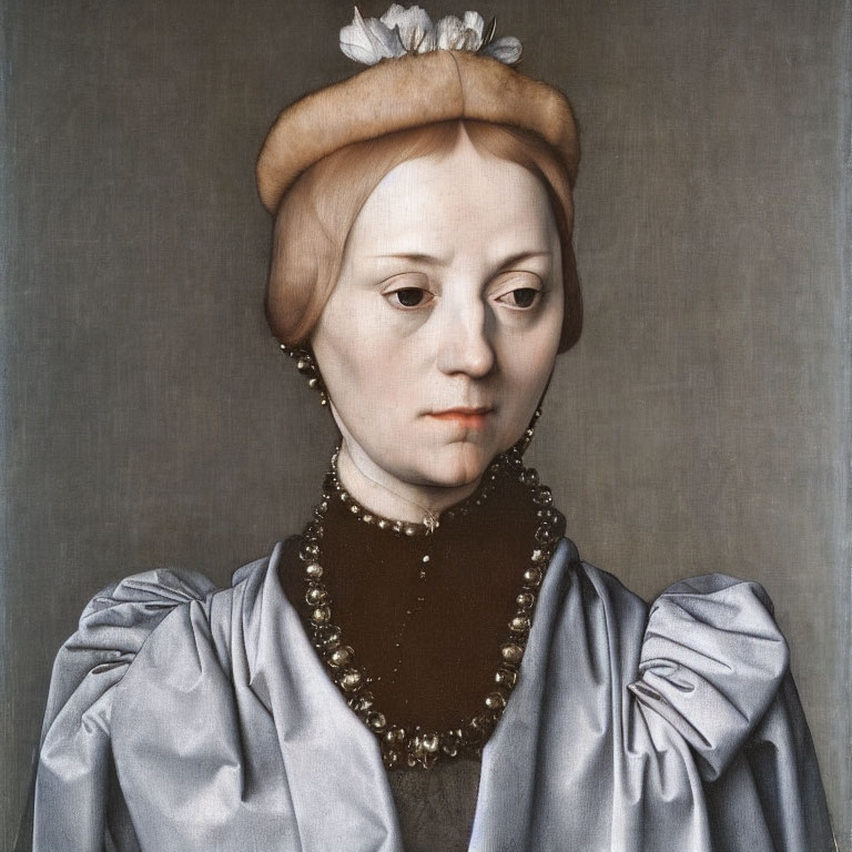 Portrait of Woman in Brown Hat, Pearl Necklace, and Silvery Satin Dress