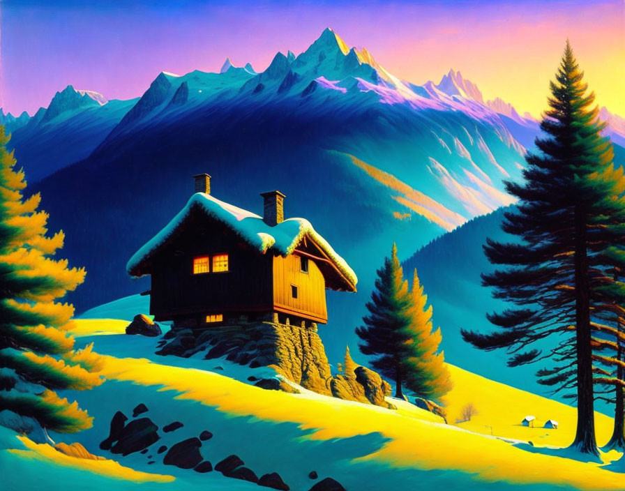 Snowy Landscape: Cozy Cabin Amid Evergreen Trees and Purple Mountains at Dusk