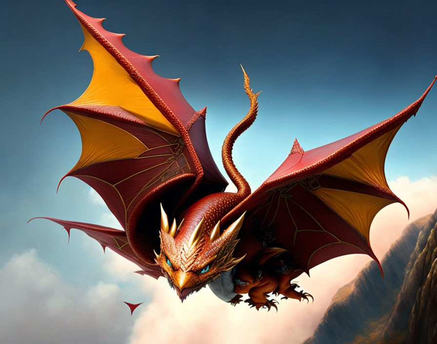 Red Dragon Flying Over Cloudy Mountain Terrain