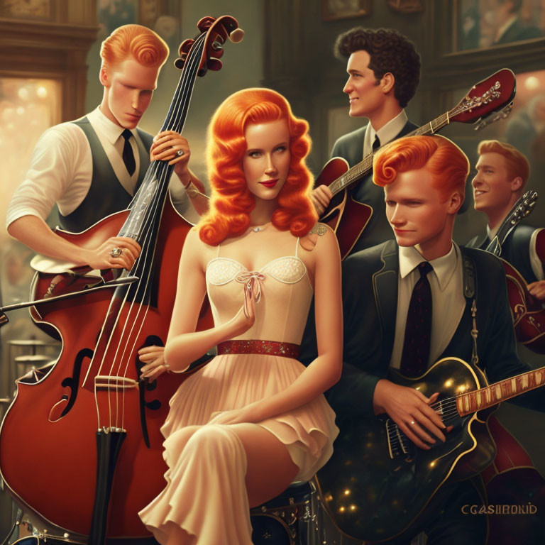 Vintage-style illustration of red-haired female vocalist and band in formal attire playing instruments.