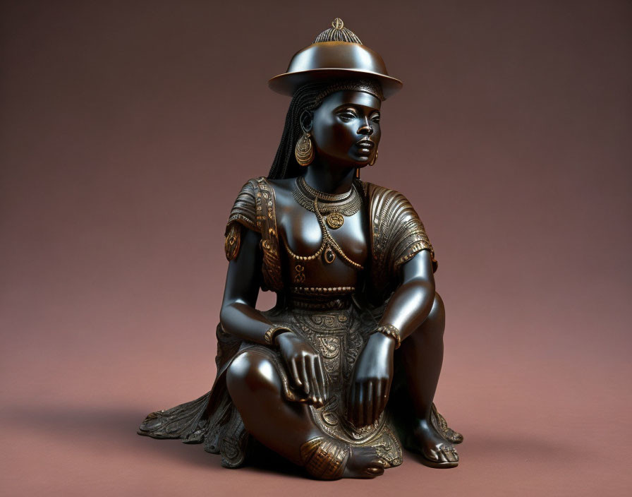 Bronze statue of seated woman in African attire on pink background