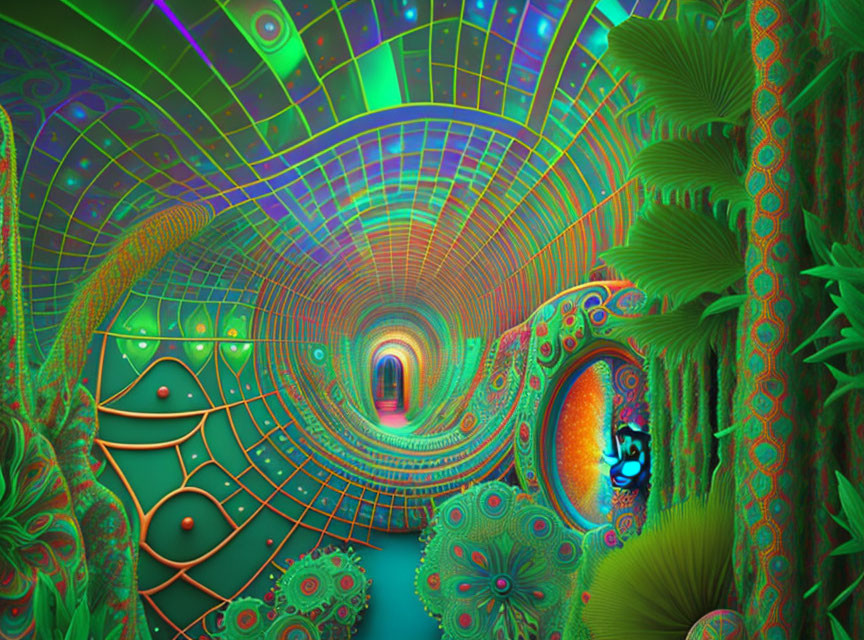 Colorful psychedelic tunnel with fractal patterns and neon colors in a surreal setting