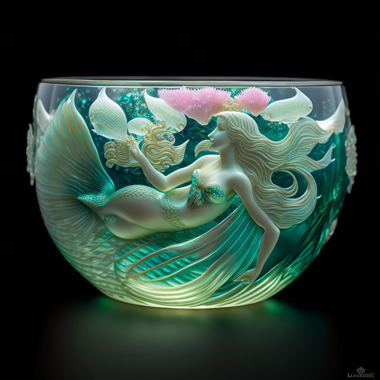 Intricate Glass Bowl with 3D Mermaid and Marine Motifs