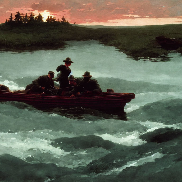 Four People in Rowboat on Choppy Waters at Dusk with Red and Blue Sunset