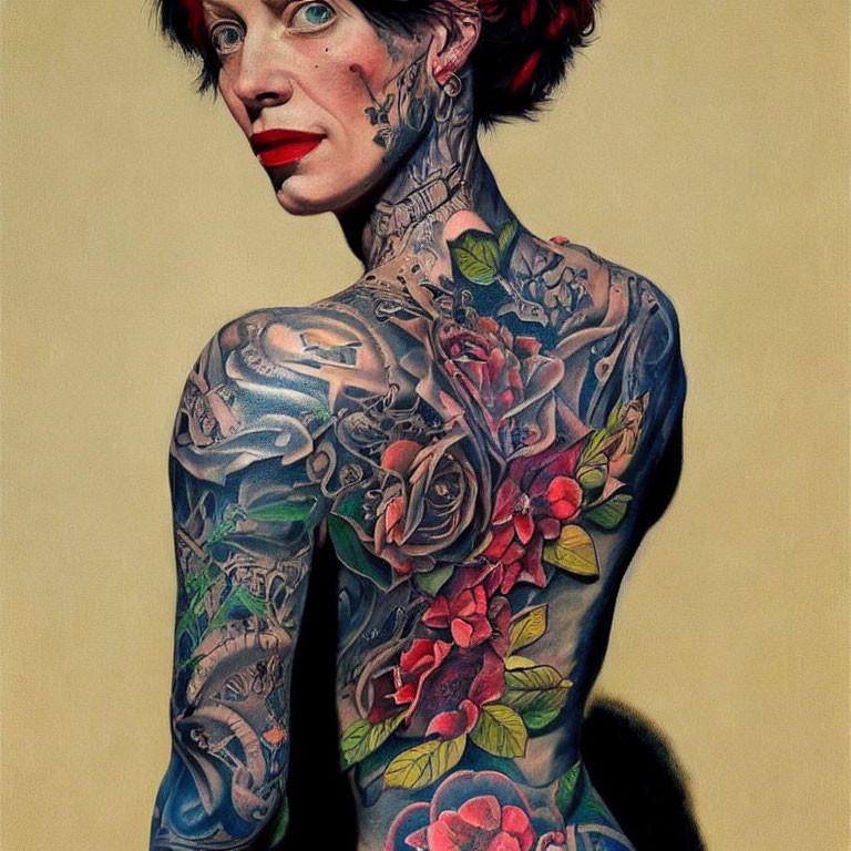 Woman with vibrant sleeve tattoo of roses, skulls, and designs, red hair.