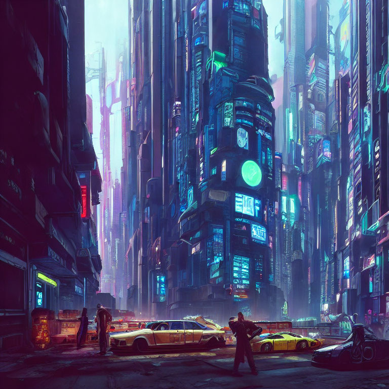 Futuristic neon-lit cityscape with skyscrapers and flying vehicles