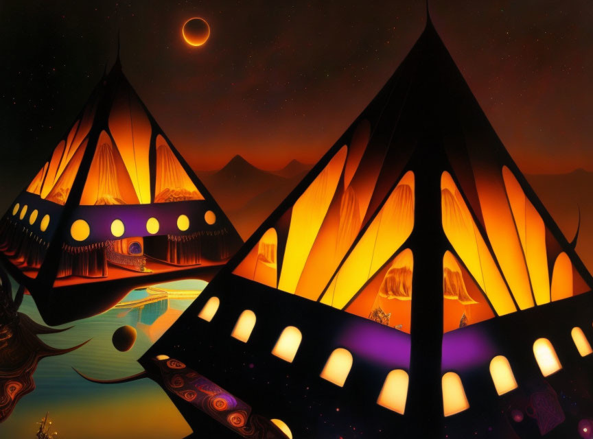 Fantasy landscape with glowing tent-like structures and eclipse over starry sky