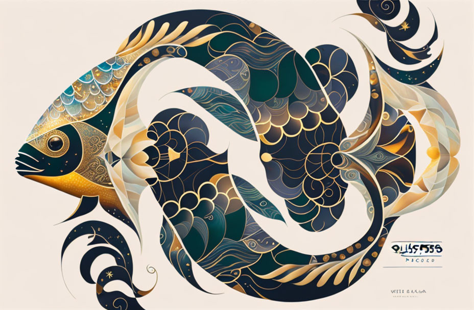 Intricate gold, blue, and black fish design on cream background