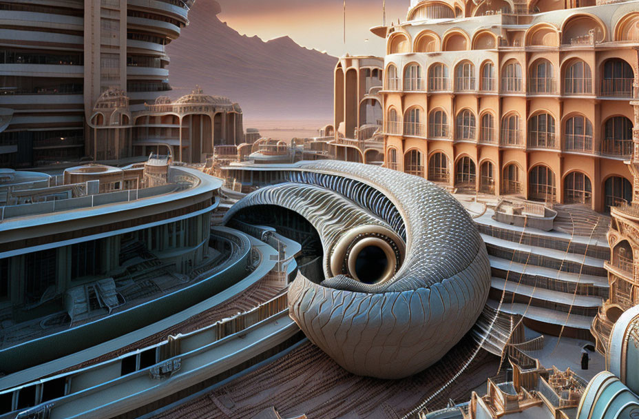 Futuristic cityscape with curving architecture in desert setting