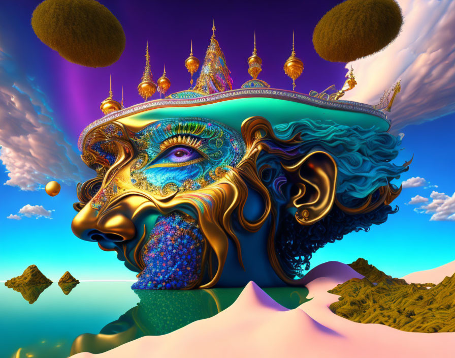 Vibrant surreal landscape with floating mask-like structure and levitating islands