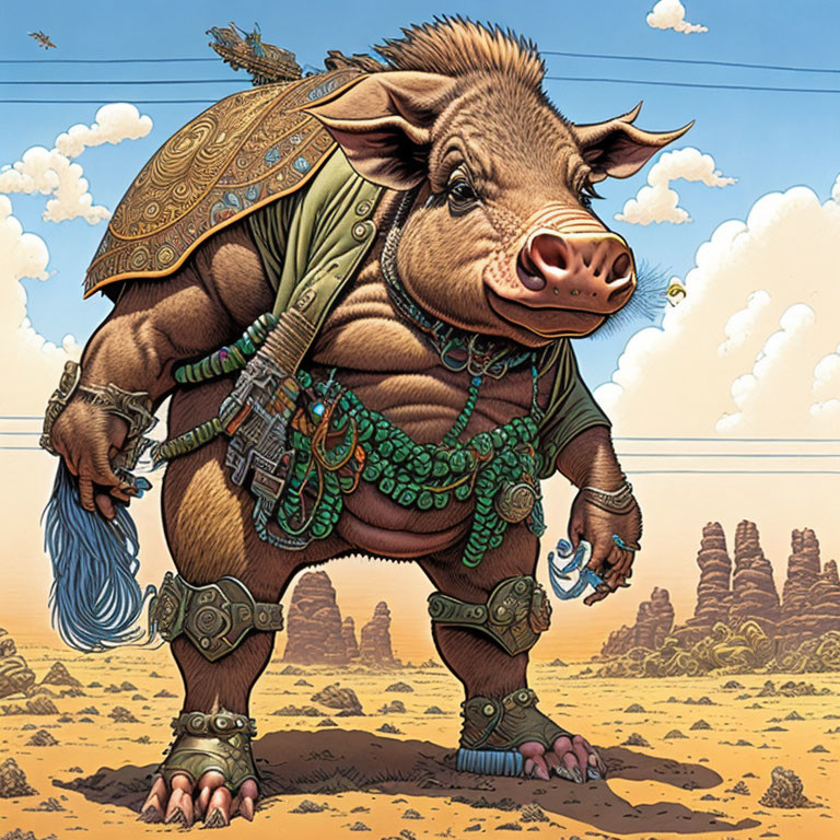 Anthropomorphic pig warrior in armor with sword in desert landscape.