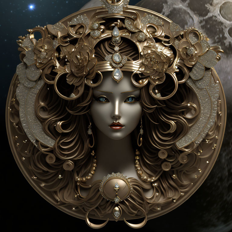 Detailed illustration of woman's face with ornate headdress and cosmic background